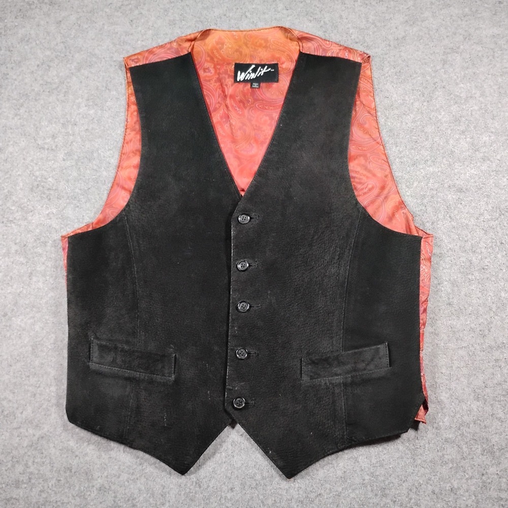 Winlit Vintage Suede Leather Vest Men Small Black Paisley Lining Western Cowboy